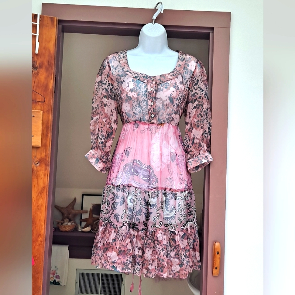 TRINITY Empire Waist Mini Dress Transparent 3 Tier Ruffle Skirt MED